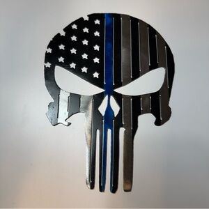 Blue Line Punisher Skull Metal Wall Art